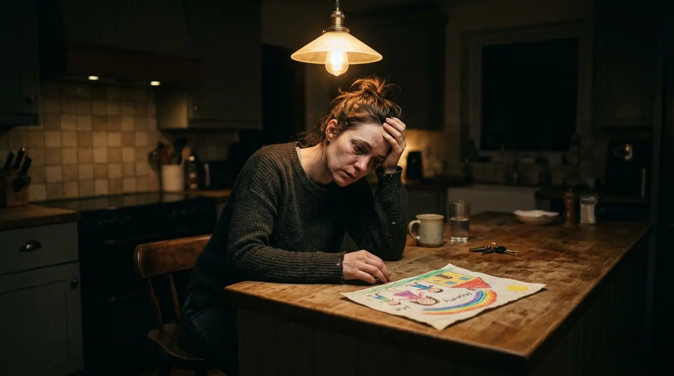 Stressed woman awake at night looking at drawing in the kitchen