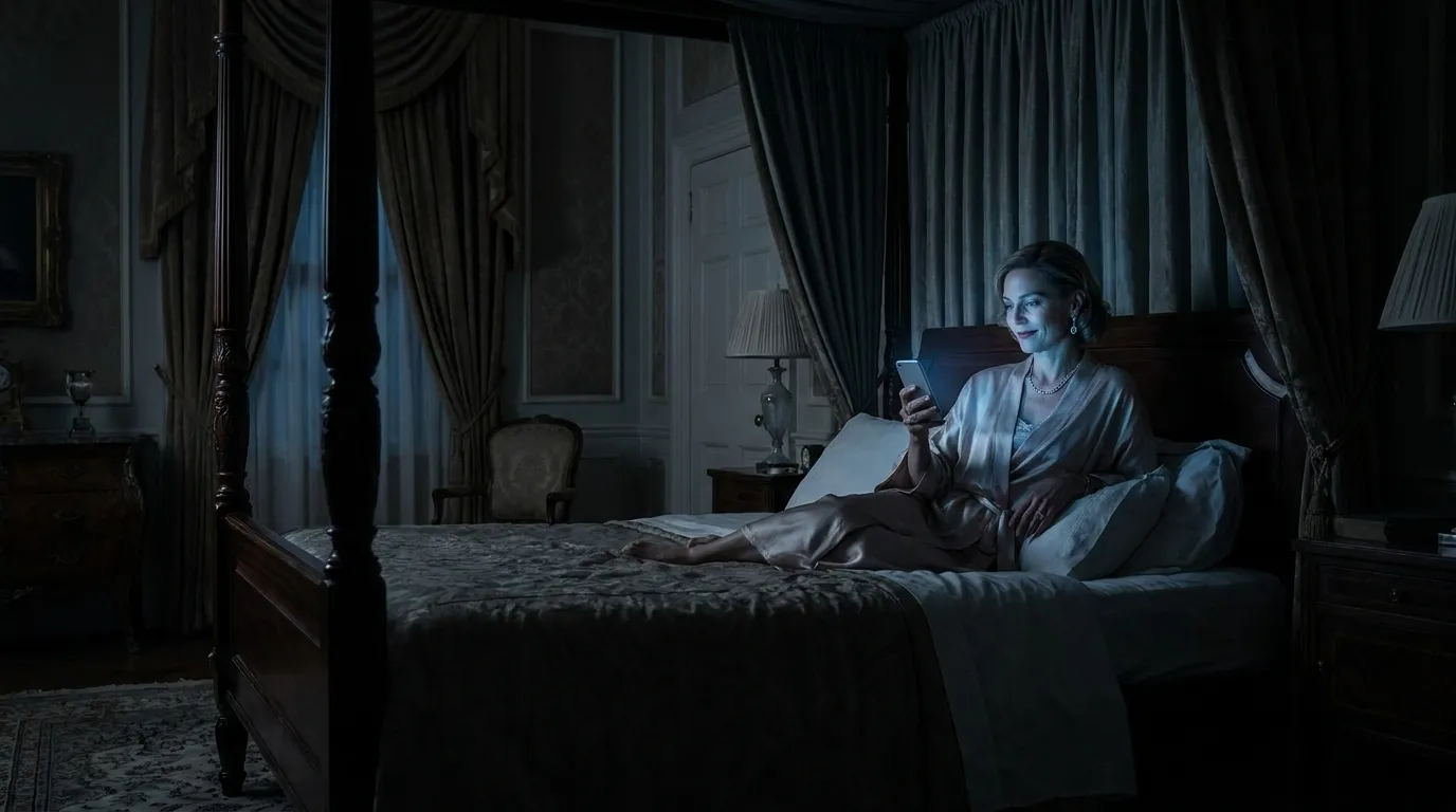 A wealthy woman in a dark bedroom illuminated by her phone screen, smiling coldly