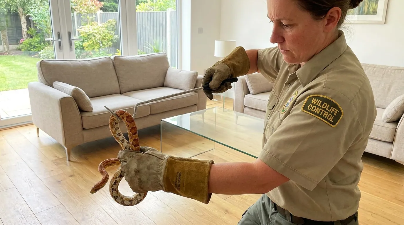 Wildlife removal expert safely catching a snake in a living room