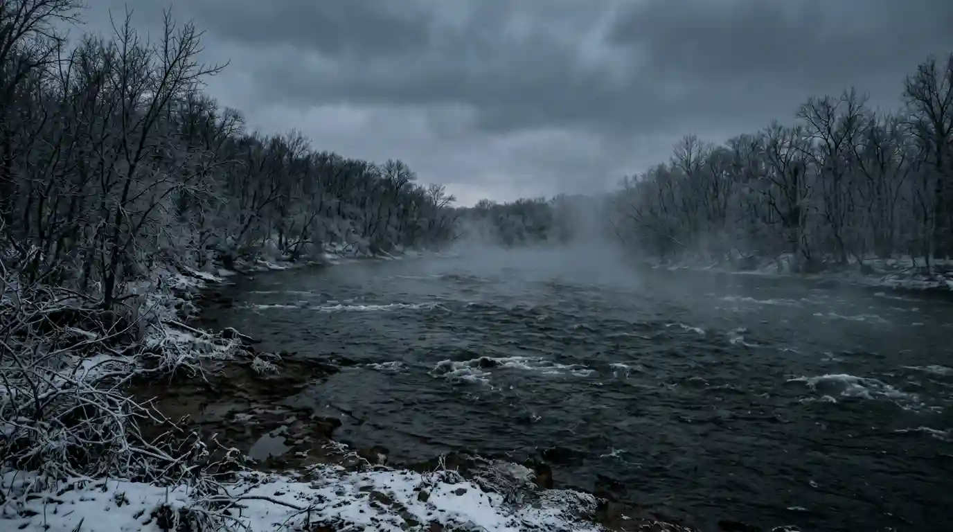 A wide, moody view of a fast-moving winter river covered in thick fog during late afternoon twilight.
