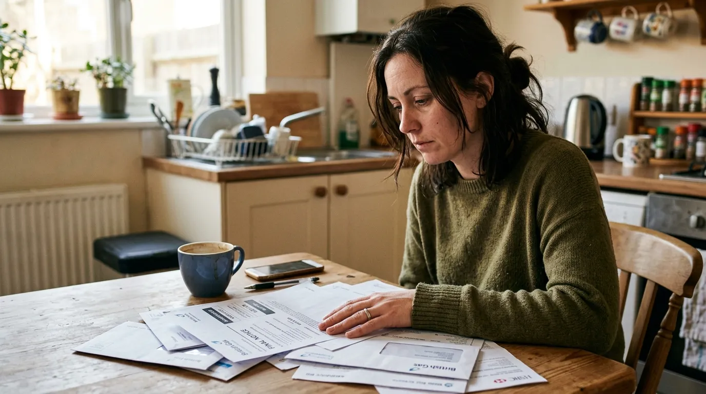 A pensive woman reviewing a stack of monthly bills and bank statements