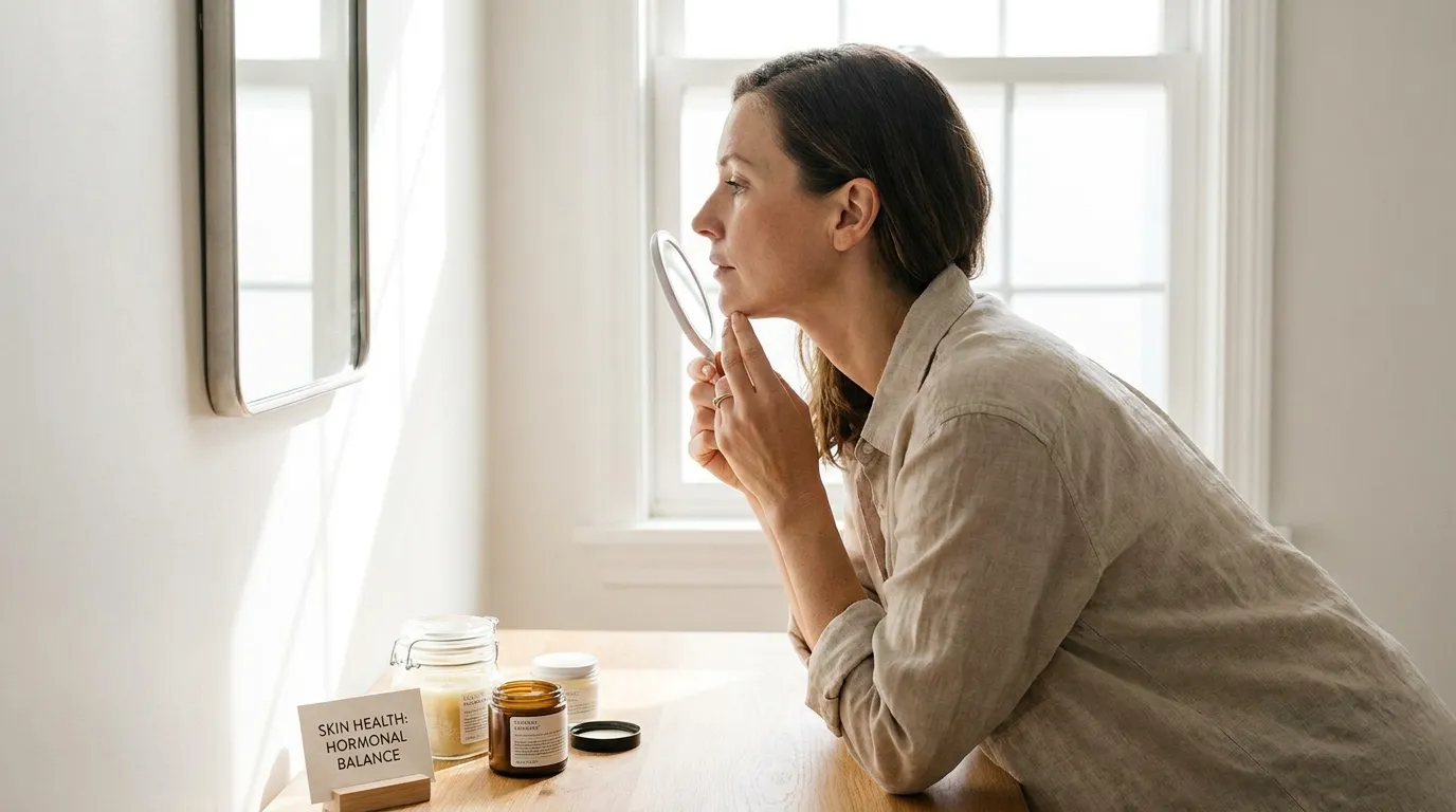 Woman examining facial hair growth in the mirror