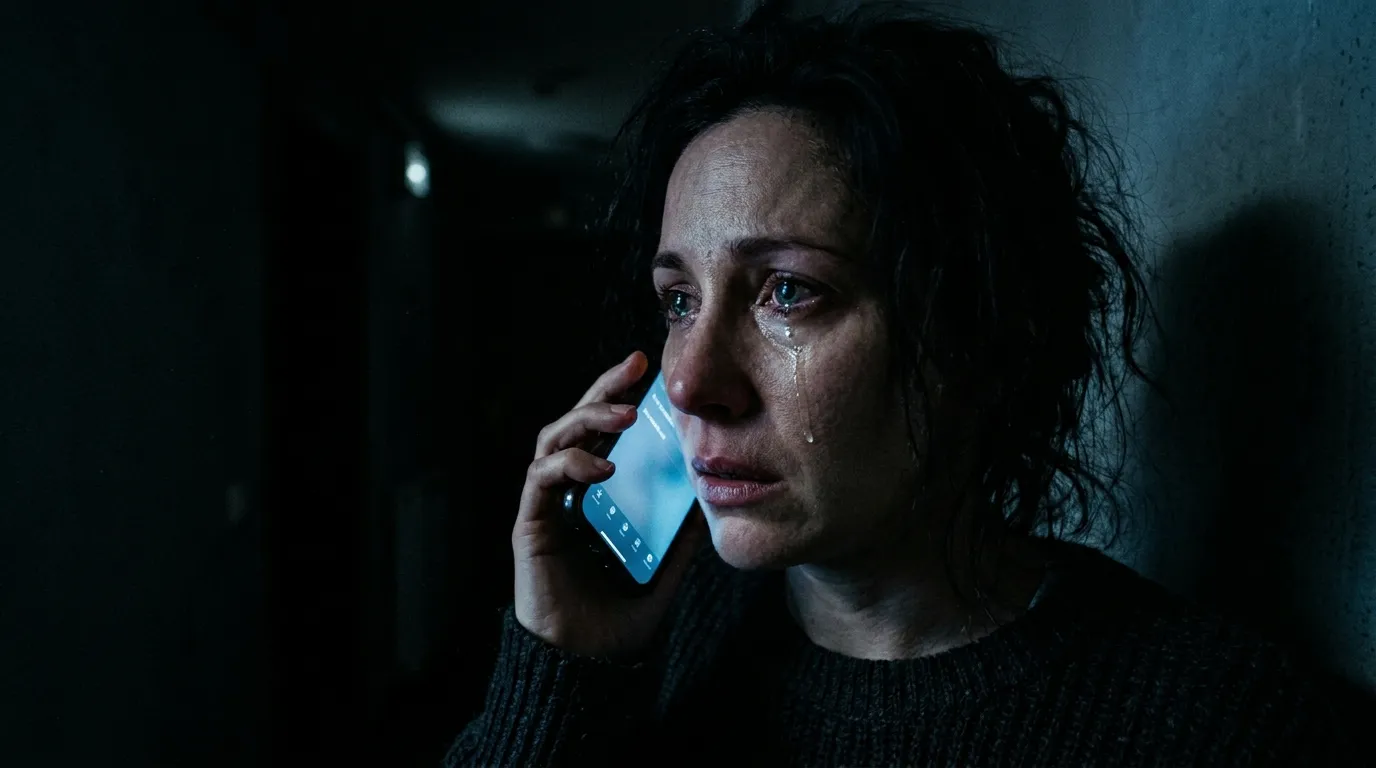 Close-up of a woman looking emotional and reflective while on a phone call in the dark