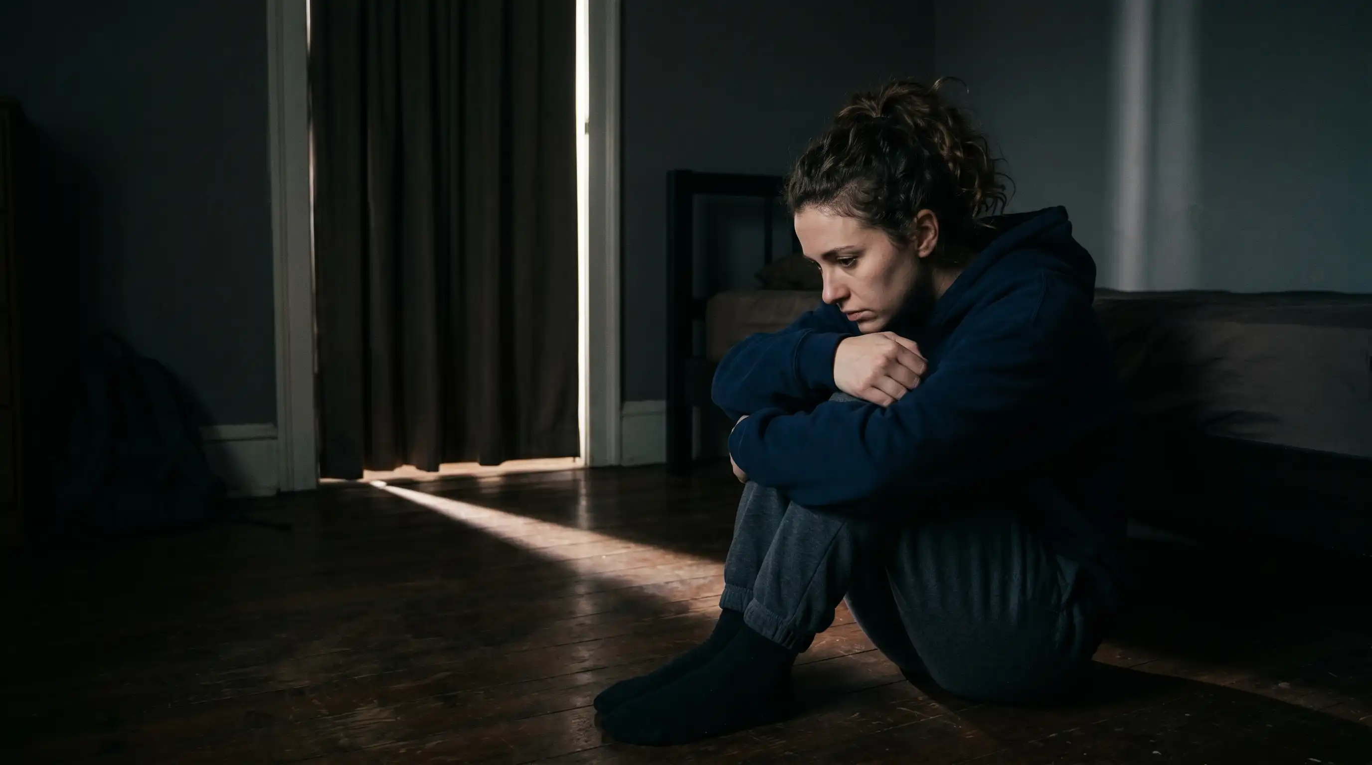 A woman sitting on the floor in a dark room representing hidden anxiety