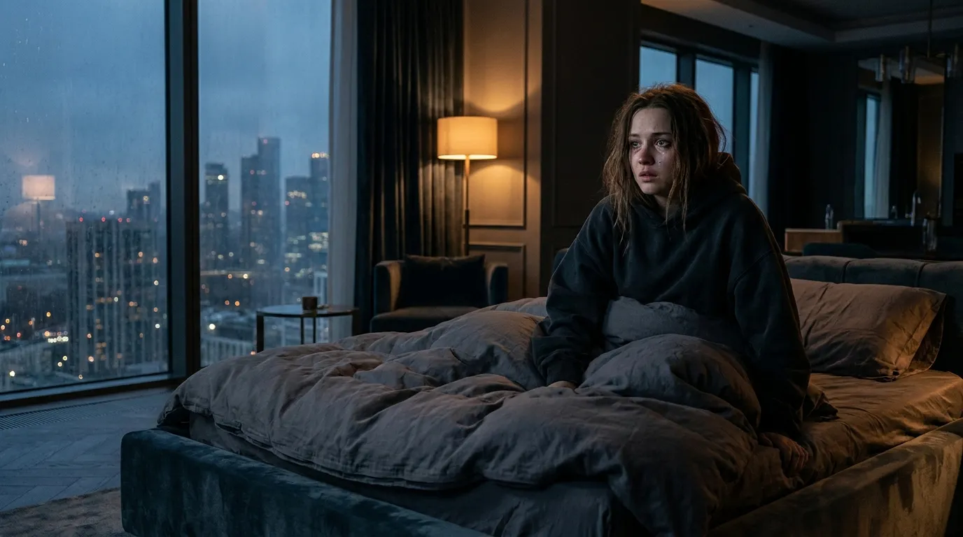 Terrified woman in oversized hoodie sitting on a luxury penthouse bed