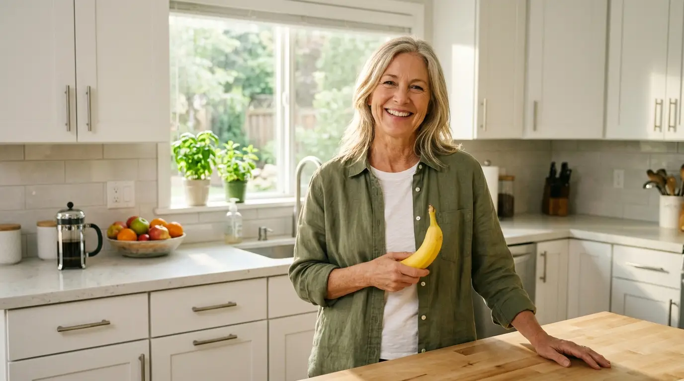 Vibrant woman in her 50s smiling in a sunlit kitchen holding a banana
