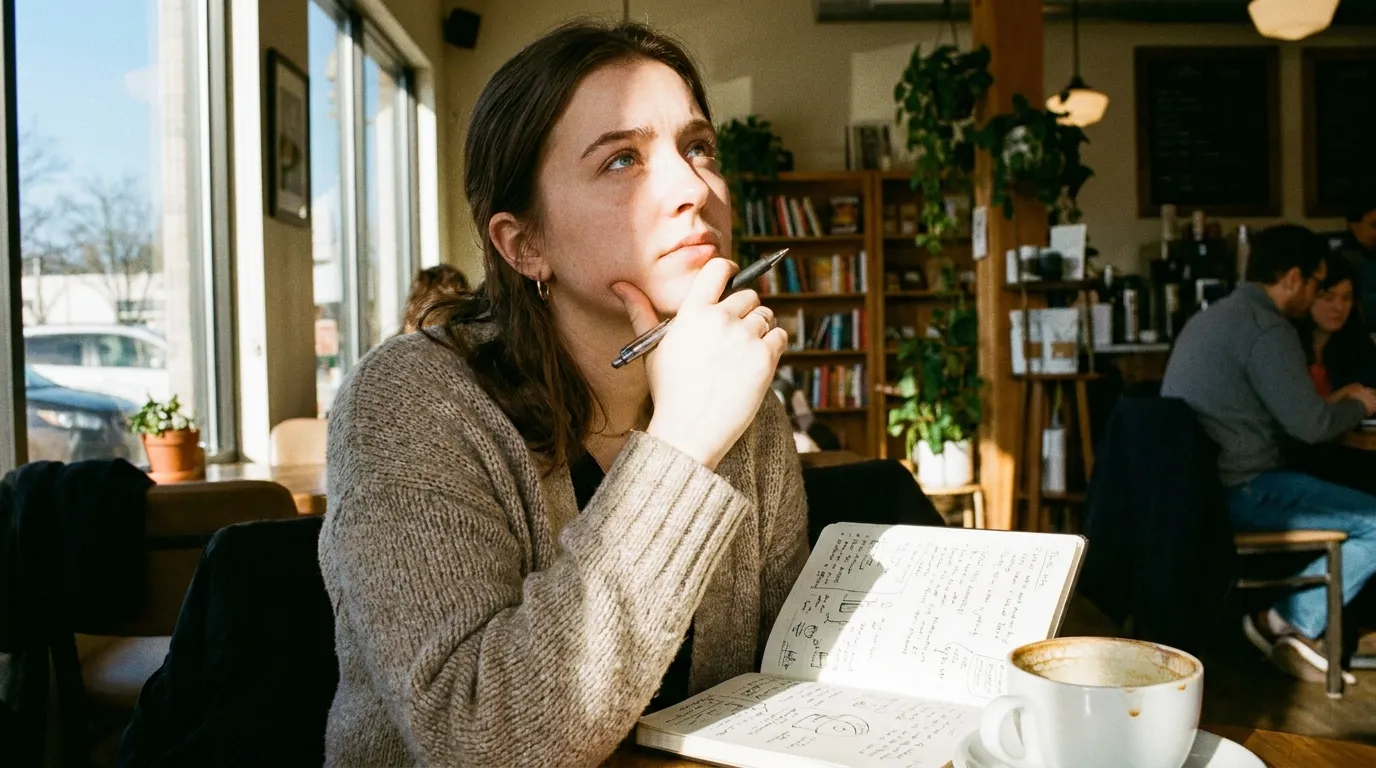 Young woman looking thoughtful at a coffee shop trying to solve a riddle