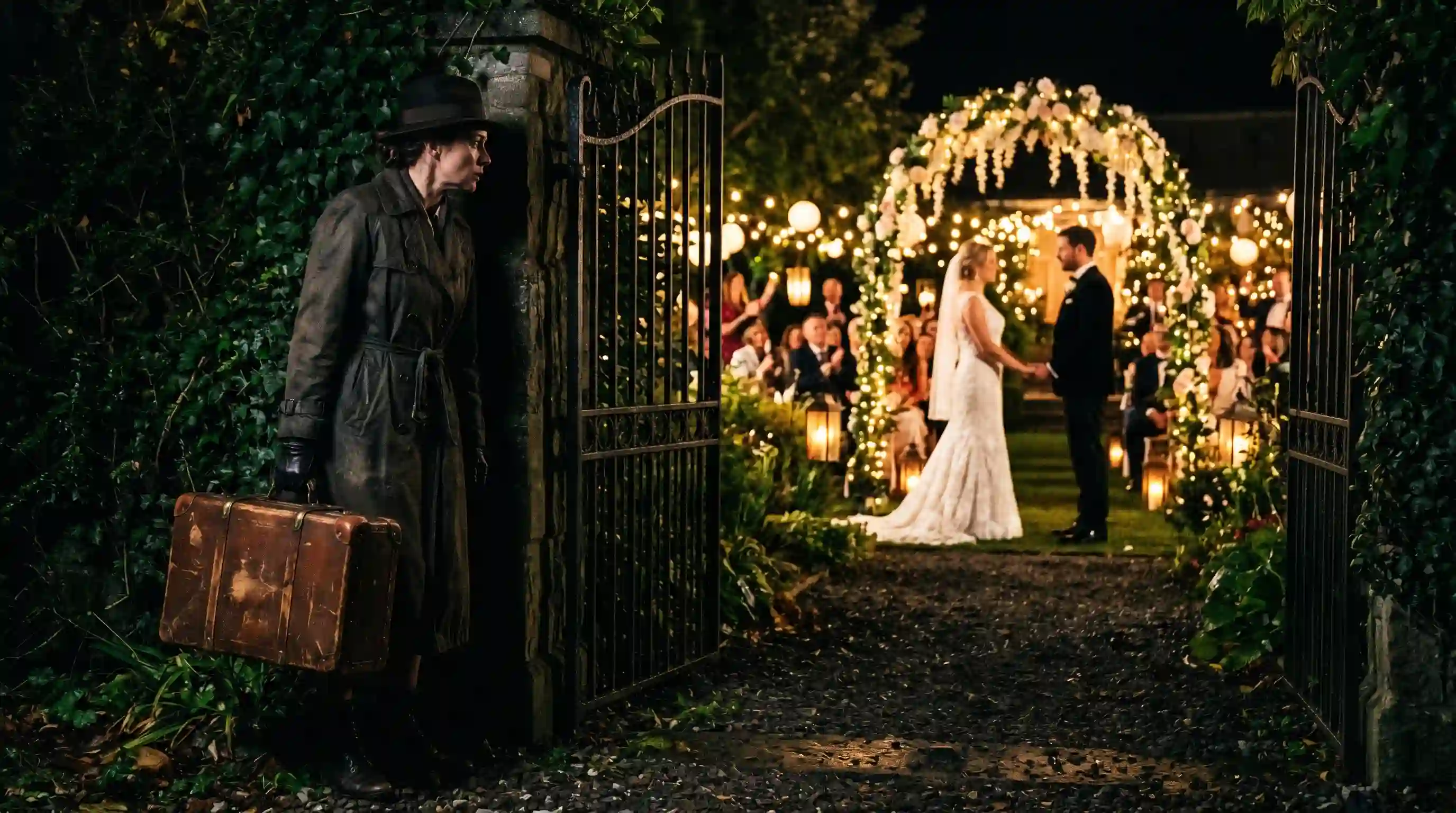 Illustration of a woman standing in the shadows watching a backyard wedding