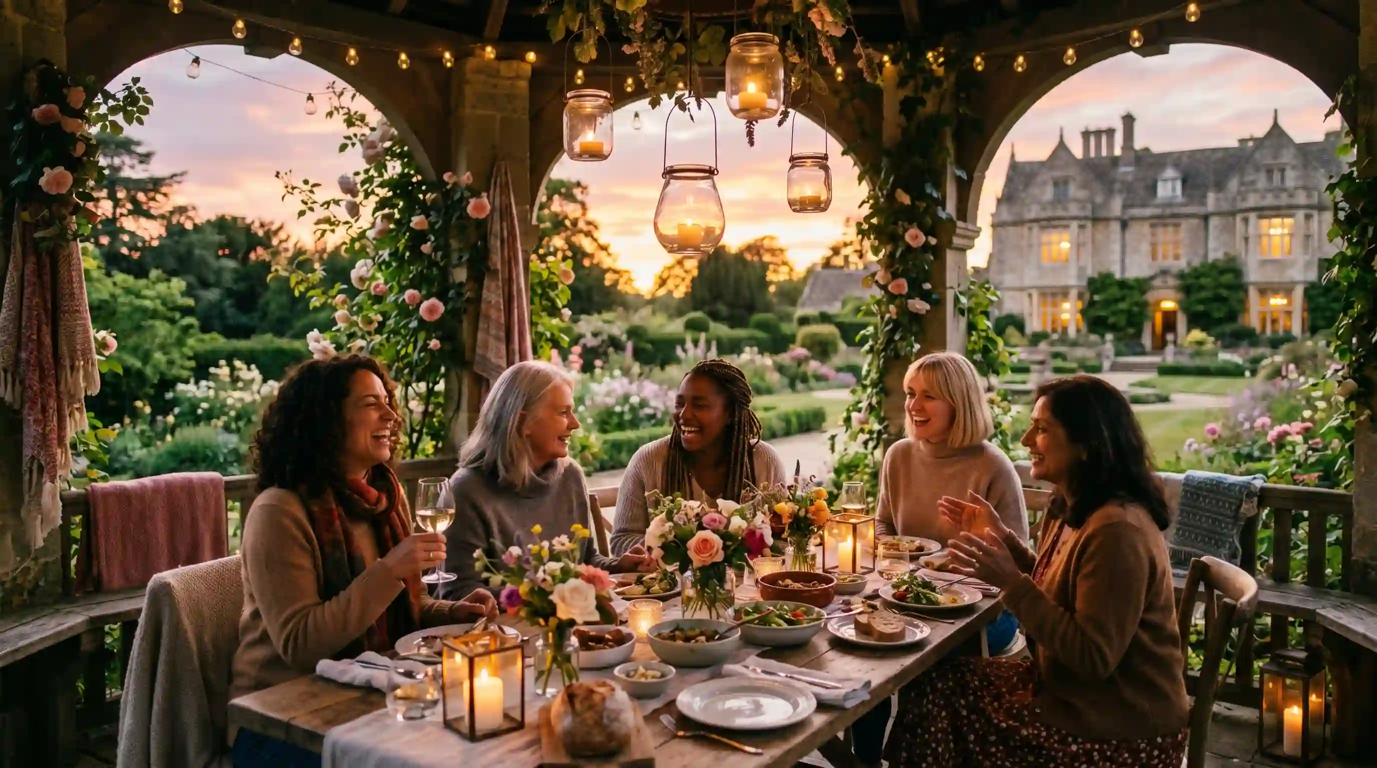 Illustration of women sitting around a beautifully lit table in a garden laughing