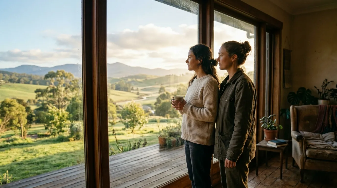 Two women standing side by side looking out a bright window, representing solidarity and moving forward.