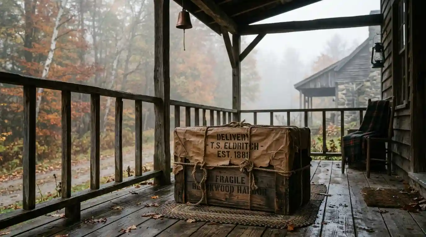 A mysterious wooden crate wrapped in brown paper resting on a foggy morning porch.