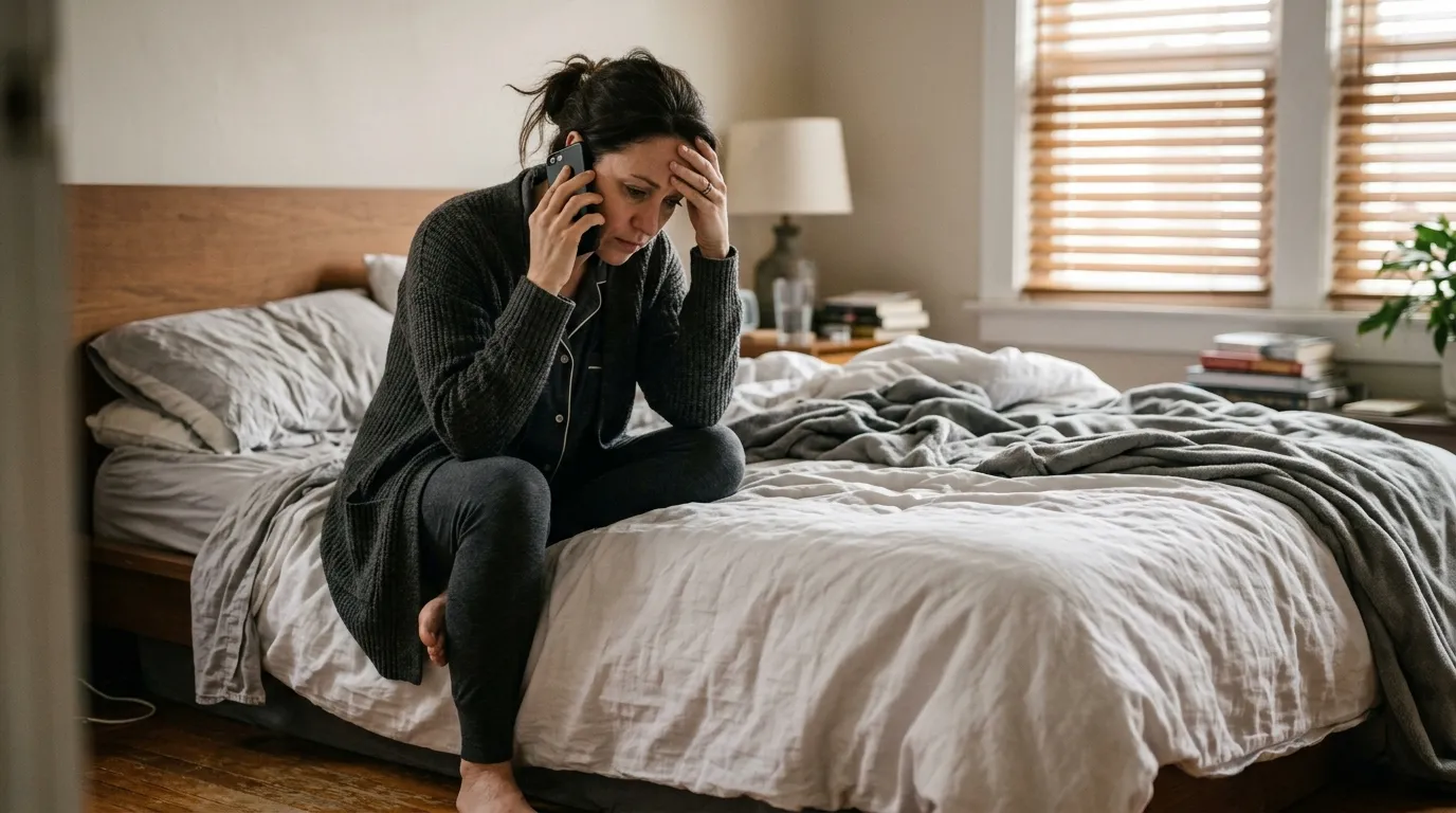 A concerned mother holding a phone in a softly lit bedroom
