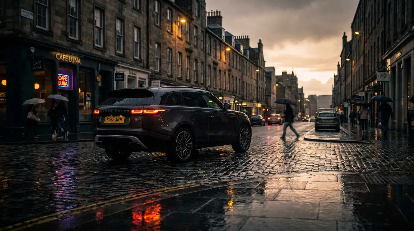 Wrecked SUV in the rain with smoke rising