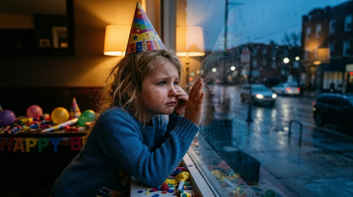 A young girl in a party hat pressing her face to a window, looking disappointed