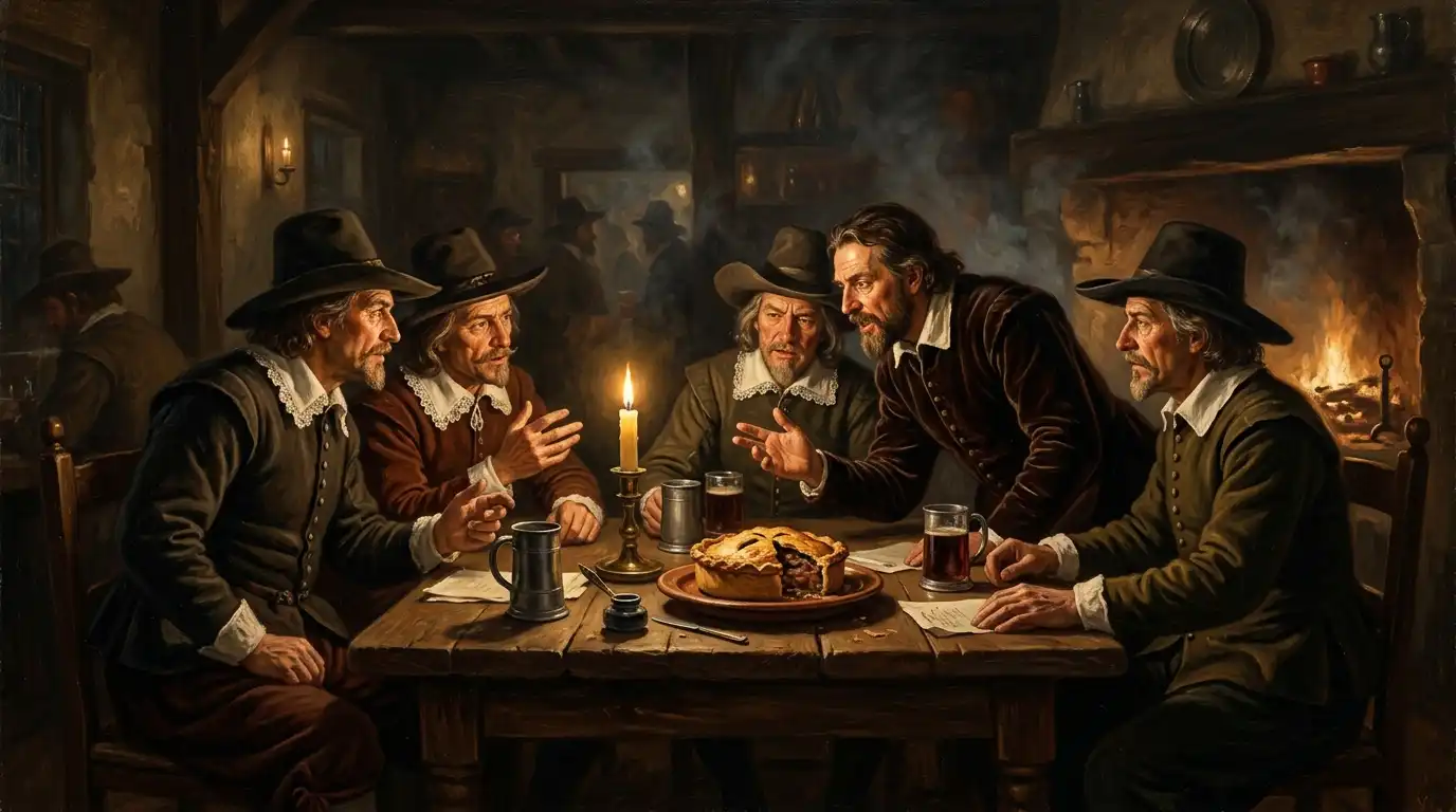 Aristocratic men gathering in a 17th-century London tavern eating pies
