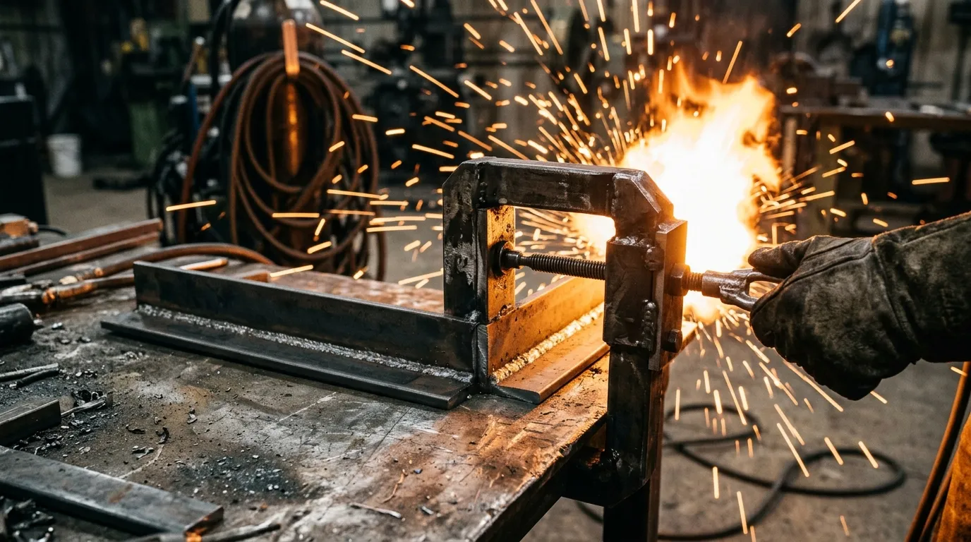 Two pieces of steel clamped at a perfect 90-degree angle ready for welding.