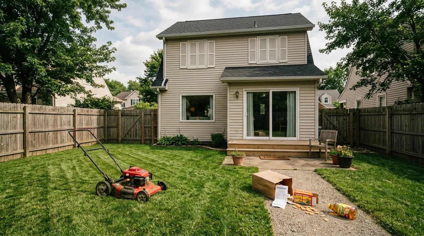A quiet backyard with a mower and spilled groceries on the grass.
