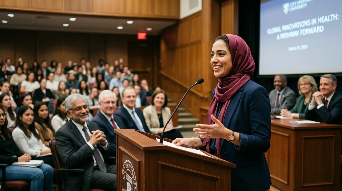 A confident woman wearing a wine-colored headscarf delivering a presentation at a podium.