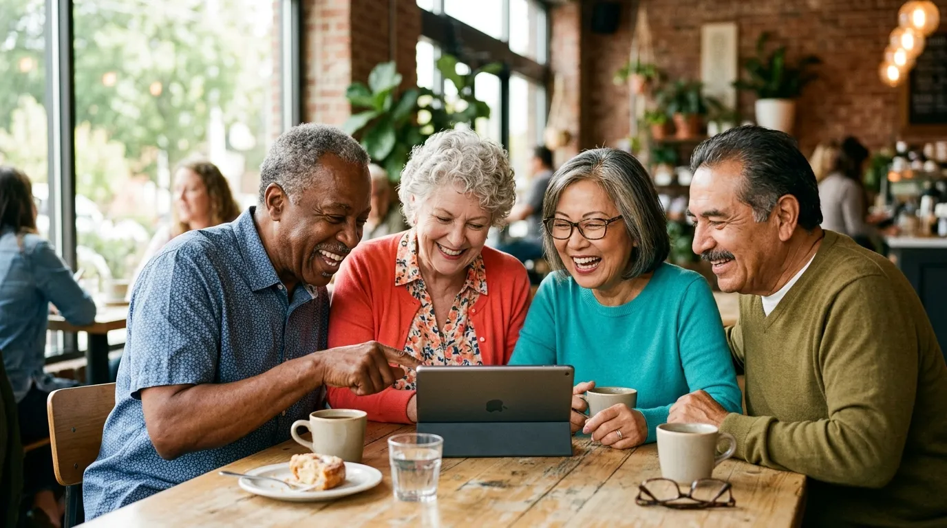 Joyful group of diverse senior citizens looking at a tablet together