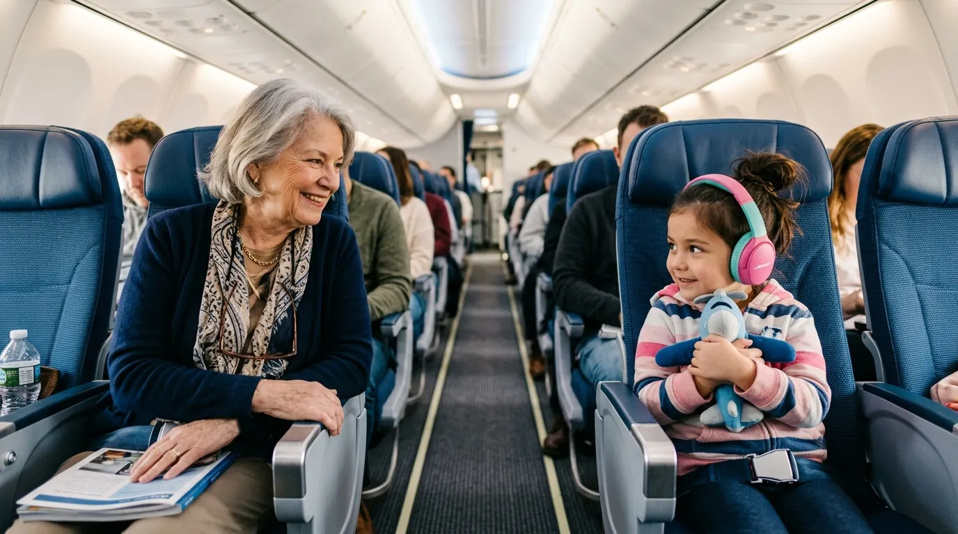 An older woman sitting across the airplane aisle smiling warmly at a young girl wearing headphones.