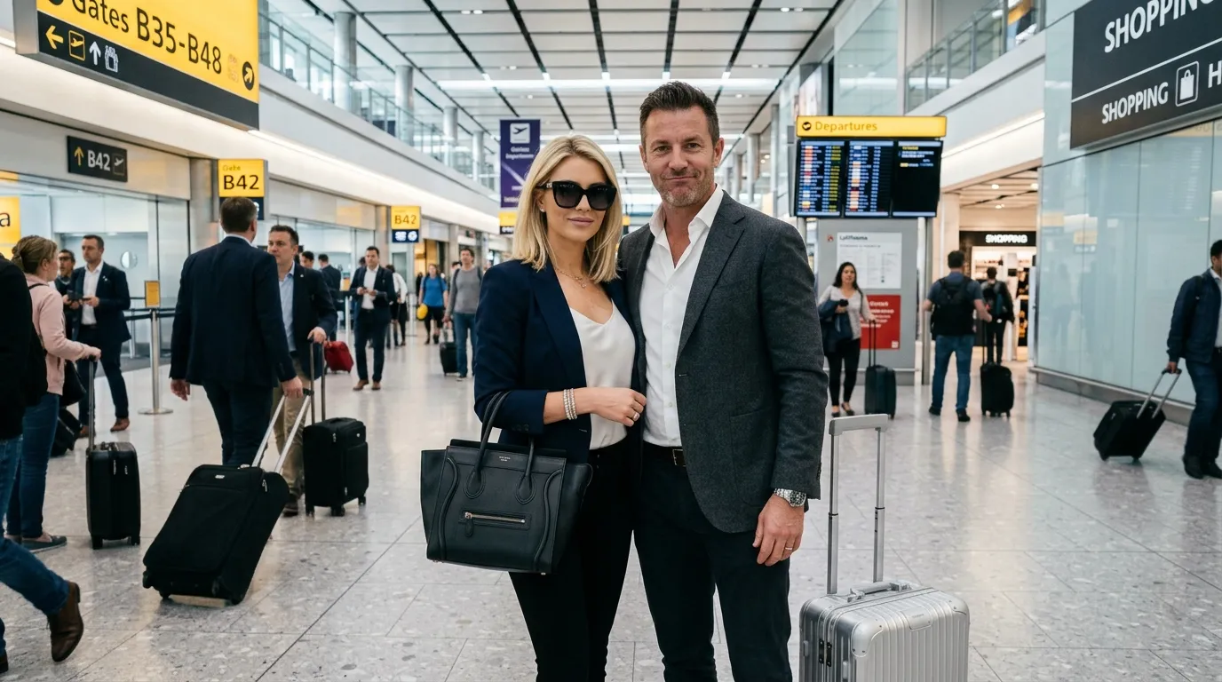 A man and a younger woman smiling arrogantly in a bright airport terminal.