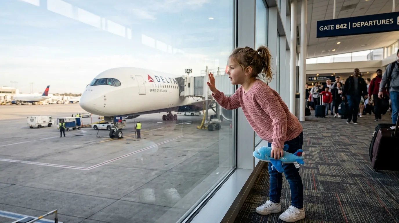A young girl with a toy airplane pressing her hand against the airport window, looking at a real plane outside.
