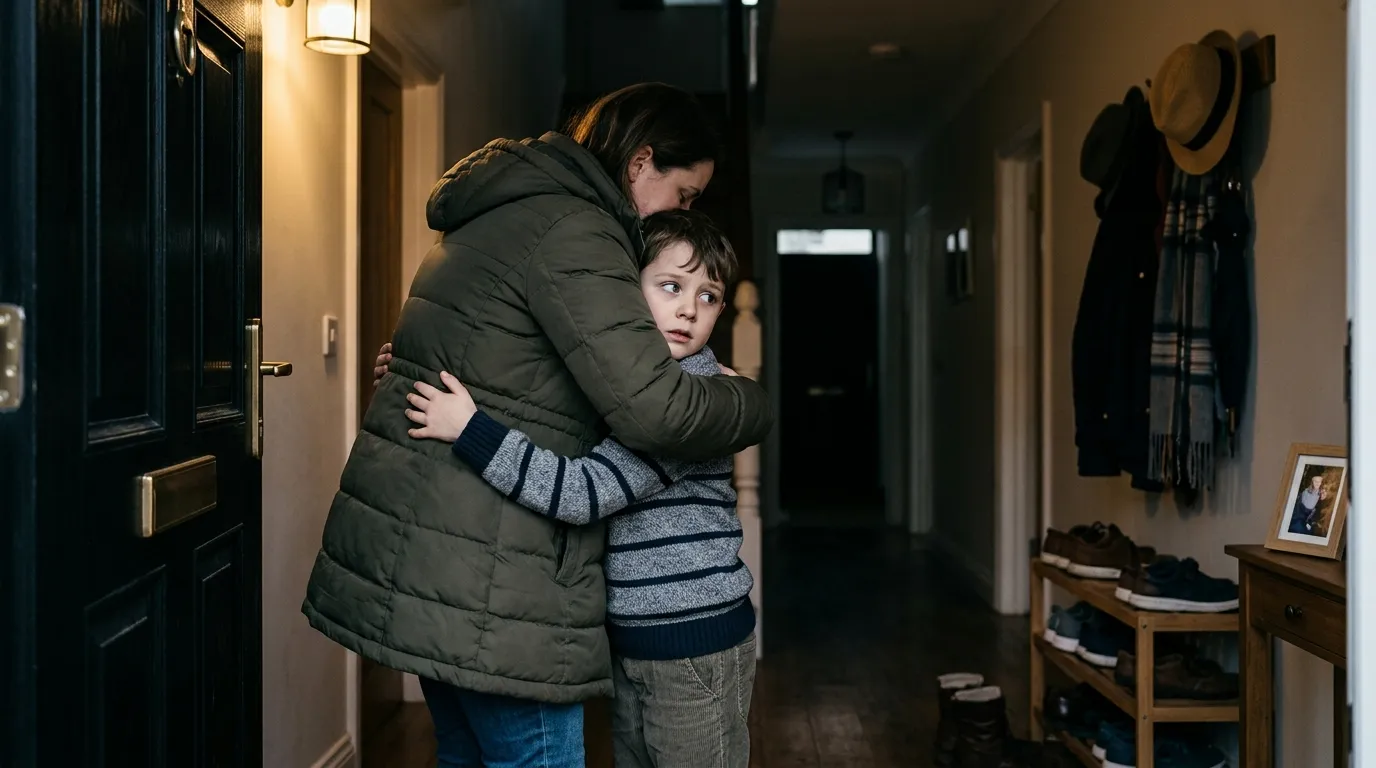 A 7-year-old boy hugging his mother tightly at the front door, looking anxious and scared.