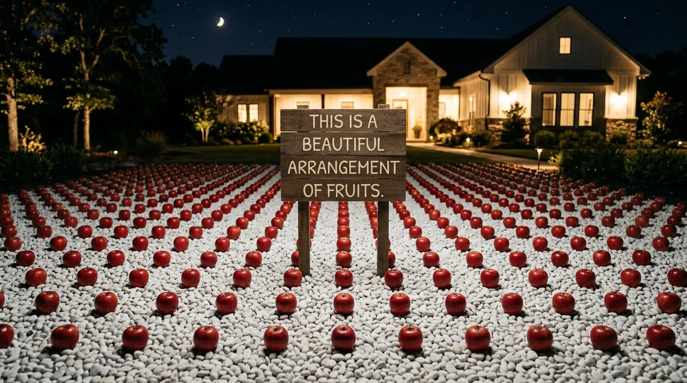 245 apples arranged in a perfect grid on a lawn of white stones.