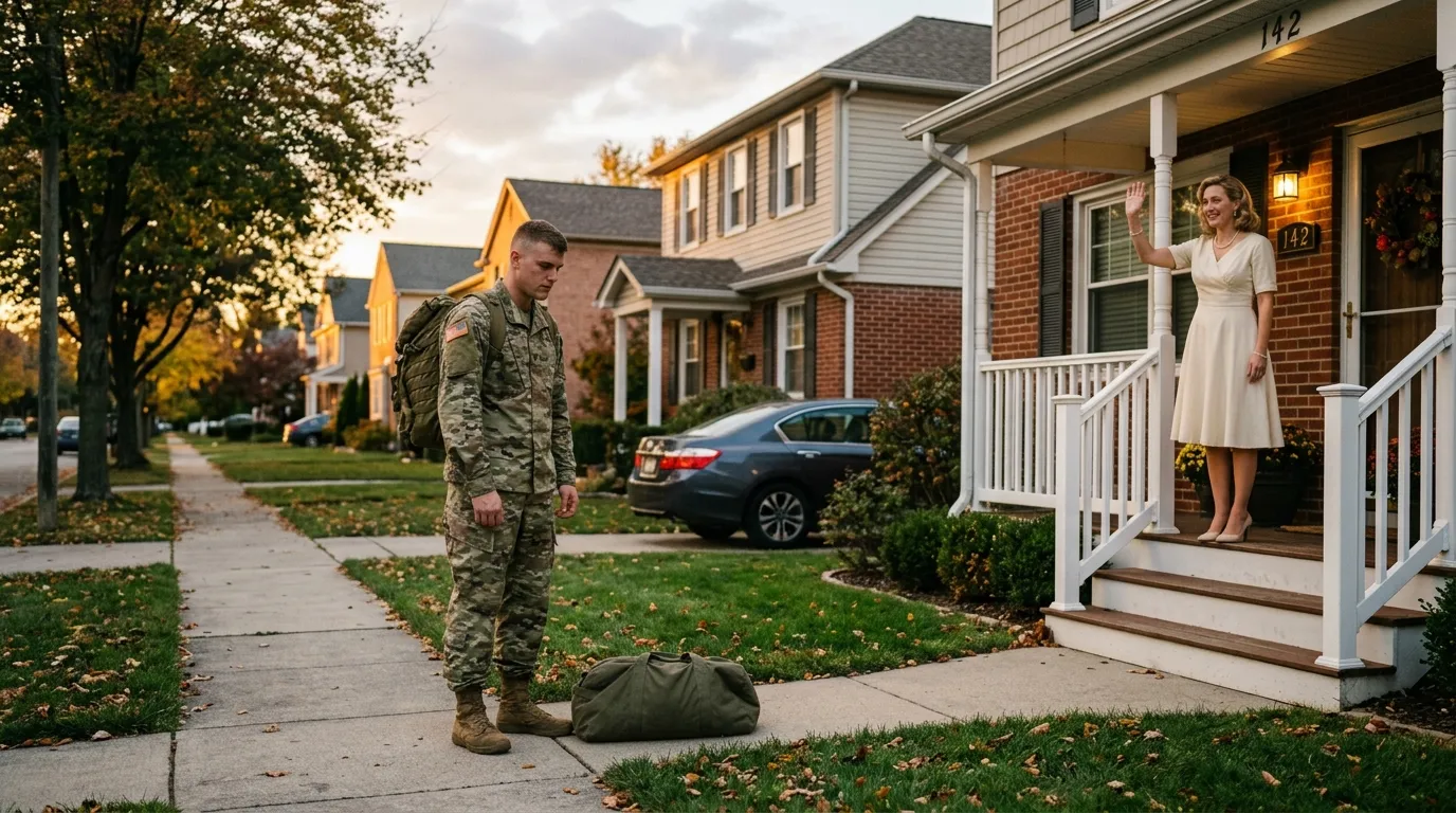 A soldier arriving home with his duffel bag, looking confused as his wife smiles perfectly on the porch of a suburban house.