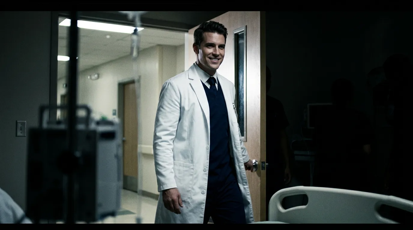 An arrogant doctor standing in the doorway of an ultrasound room smiling confidently