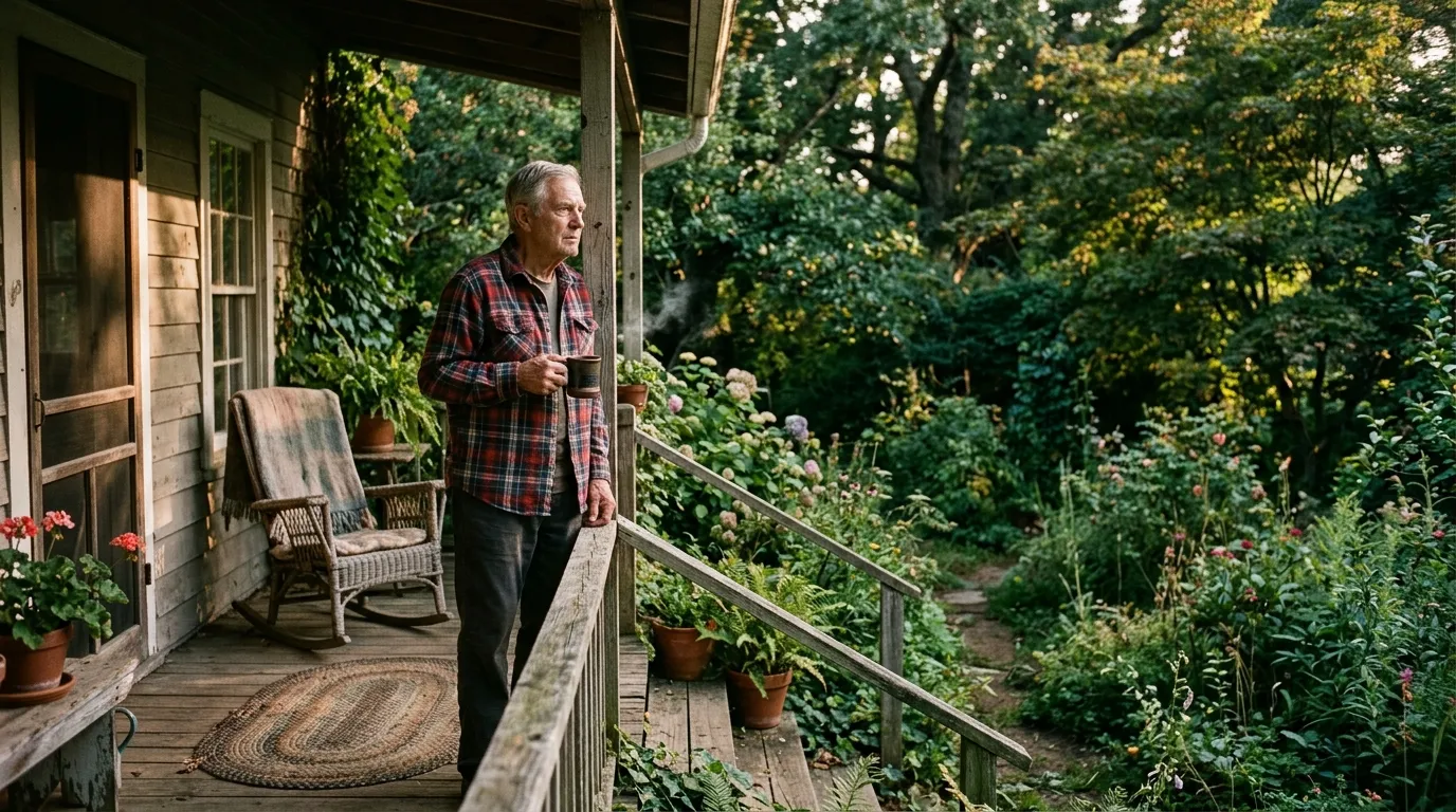 An elderly man named Arthur looking wistfully at his overgrown backyard garden