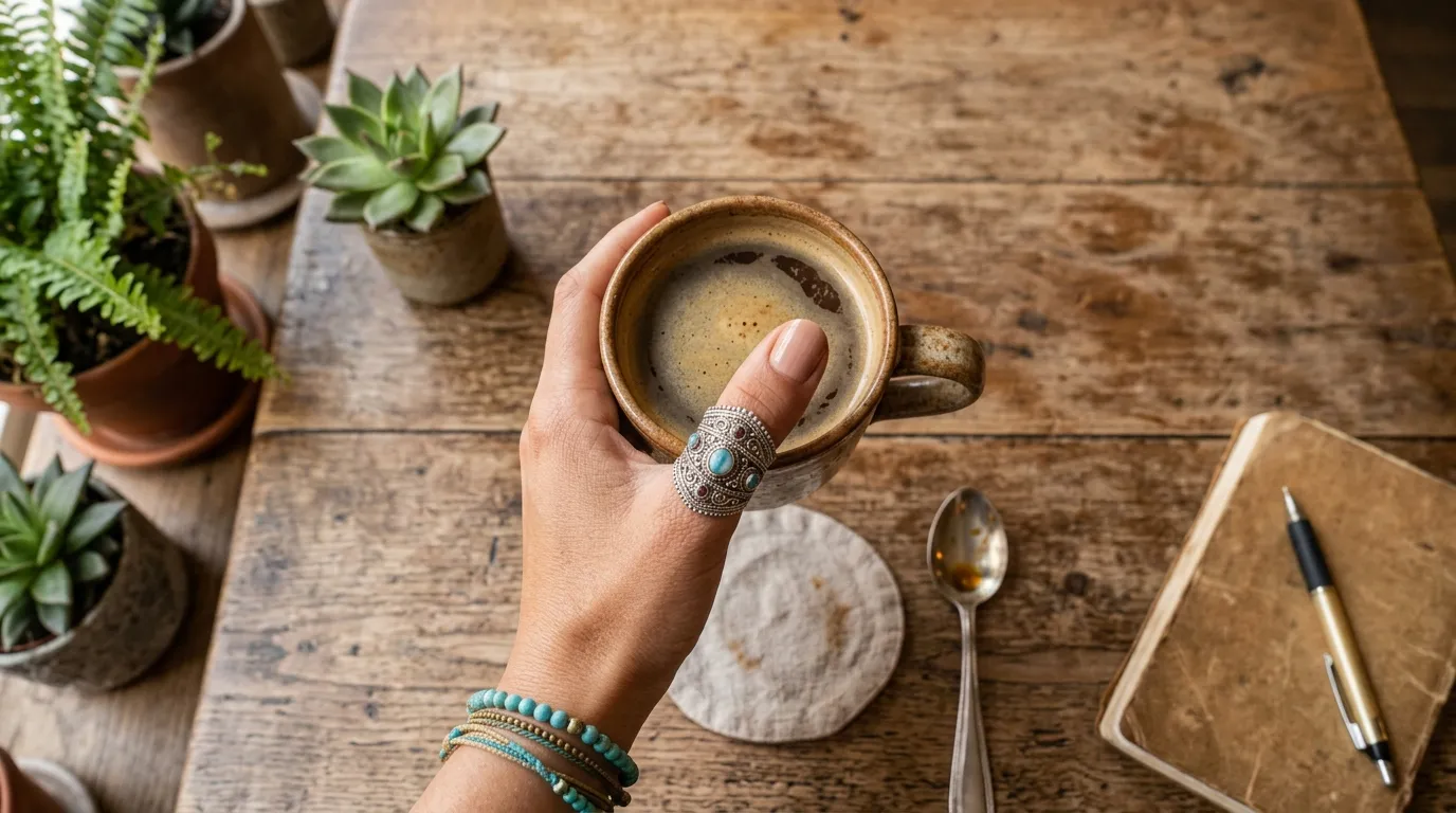 Close-up of a woman's hand holding coffee, wearing an artistic thumb ring
