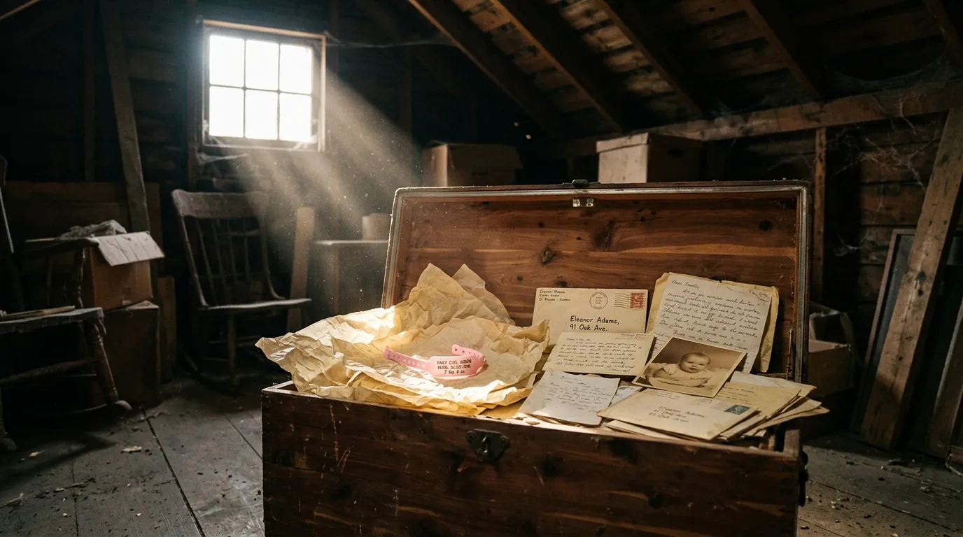 An open cedar chest in a dusty attic, revealing old letters and a pink hospital bracelet