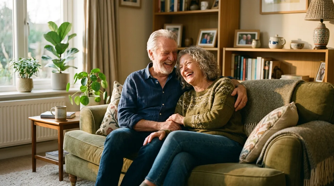Mature man and woman laughing genuinely together in a cozy living room