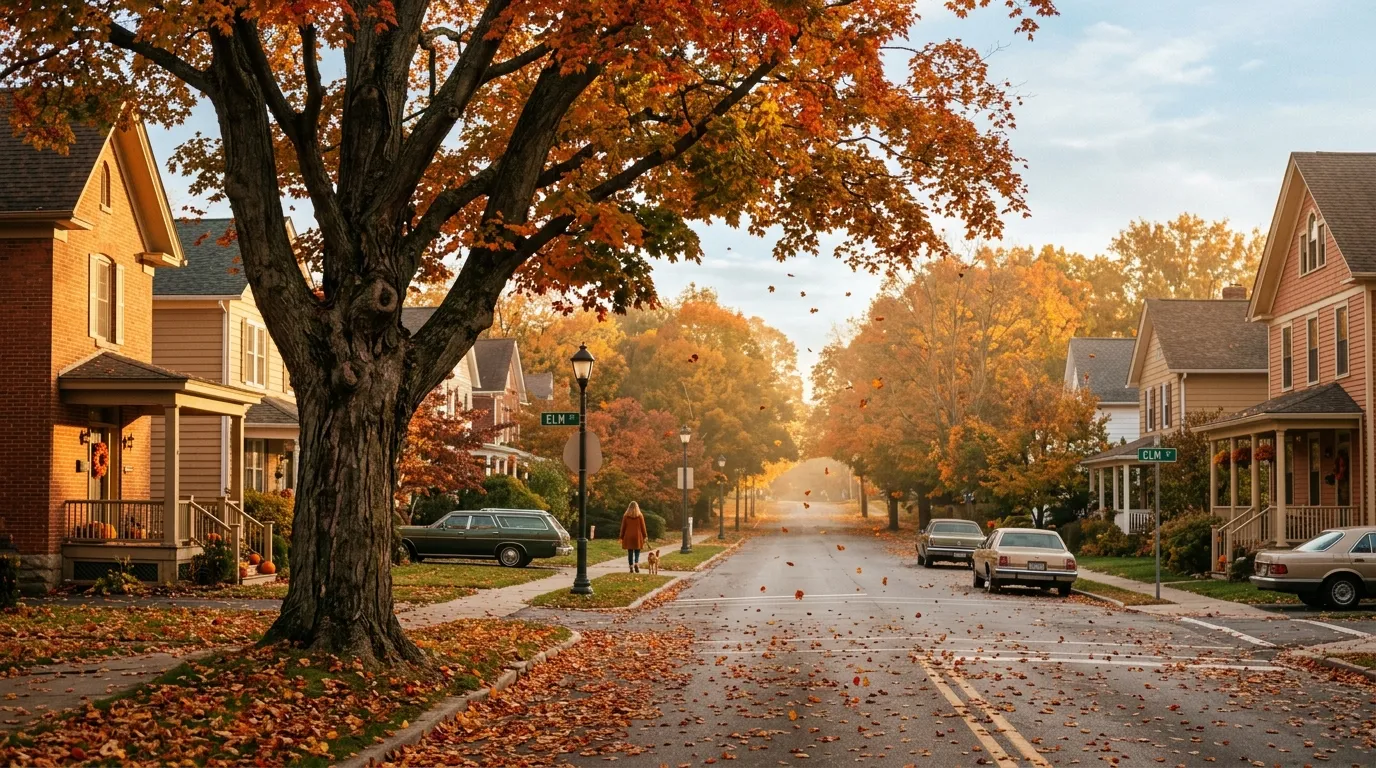 A serene autumn street with a large red maple tree shedding leaves in the golden afternoon light