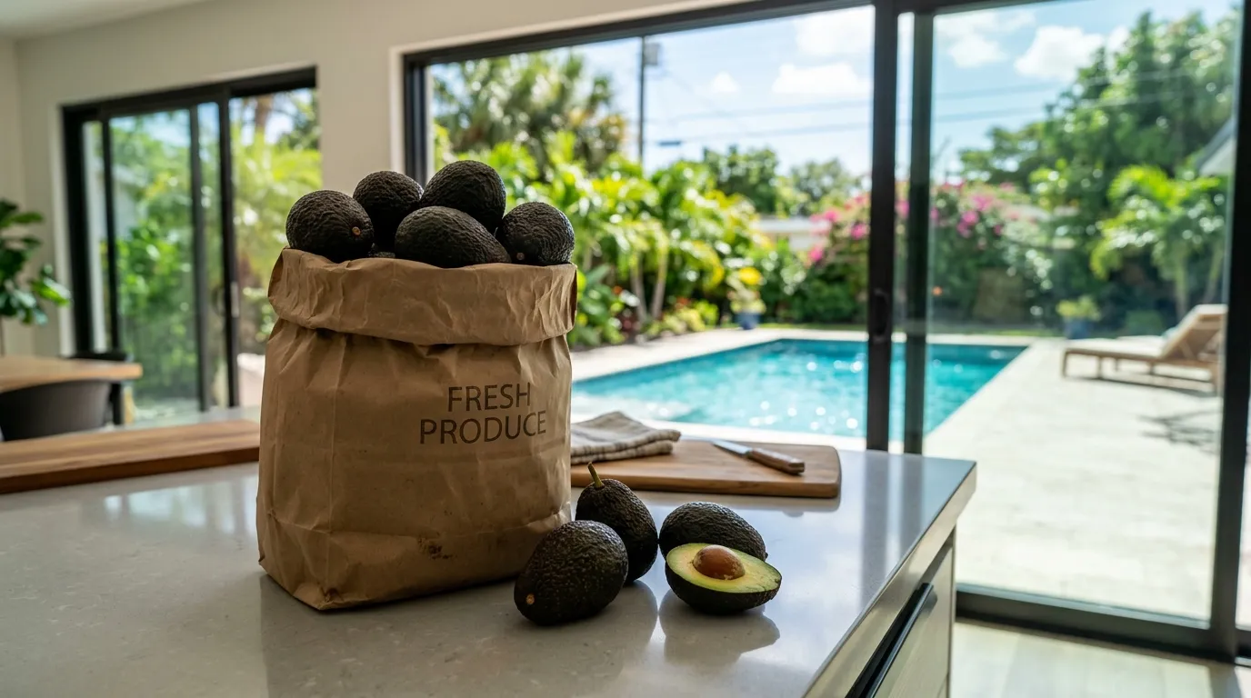 A heavy brown grocery bag on a kitchen counter with fresh avocados spilling out, looking out through glass doors toward a sunny backyard pool.