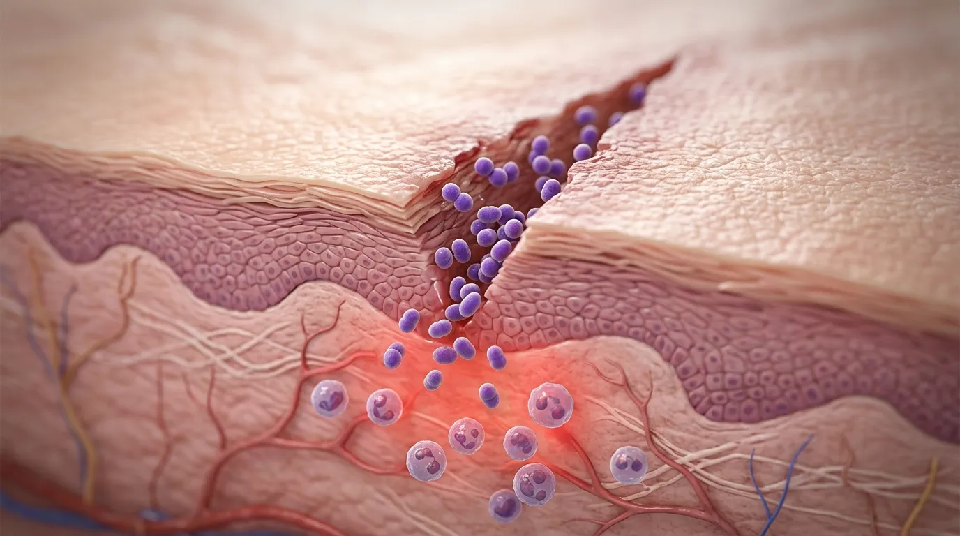 3D illustration of bacteria entering a tiny cut in the skin causing redness and inflammation