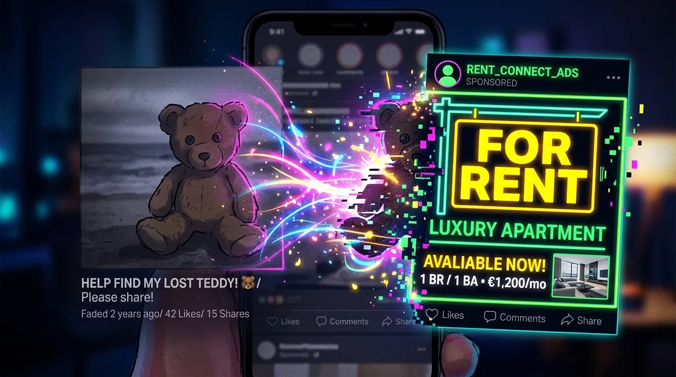 Social media post transforming from a teddy bear into a sketchy real estate ad