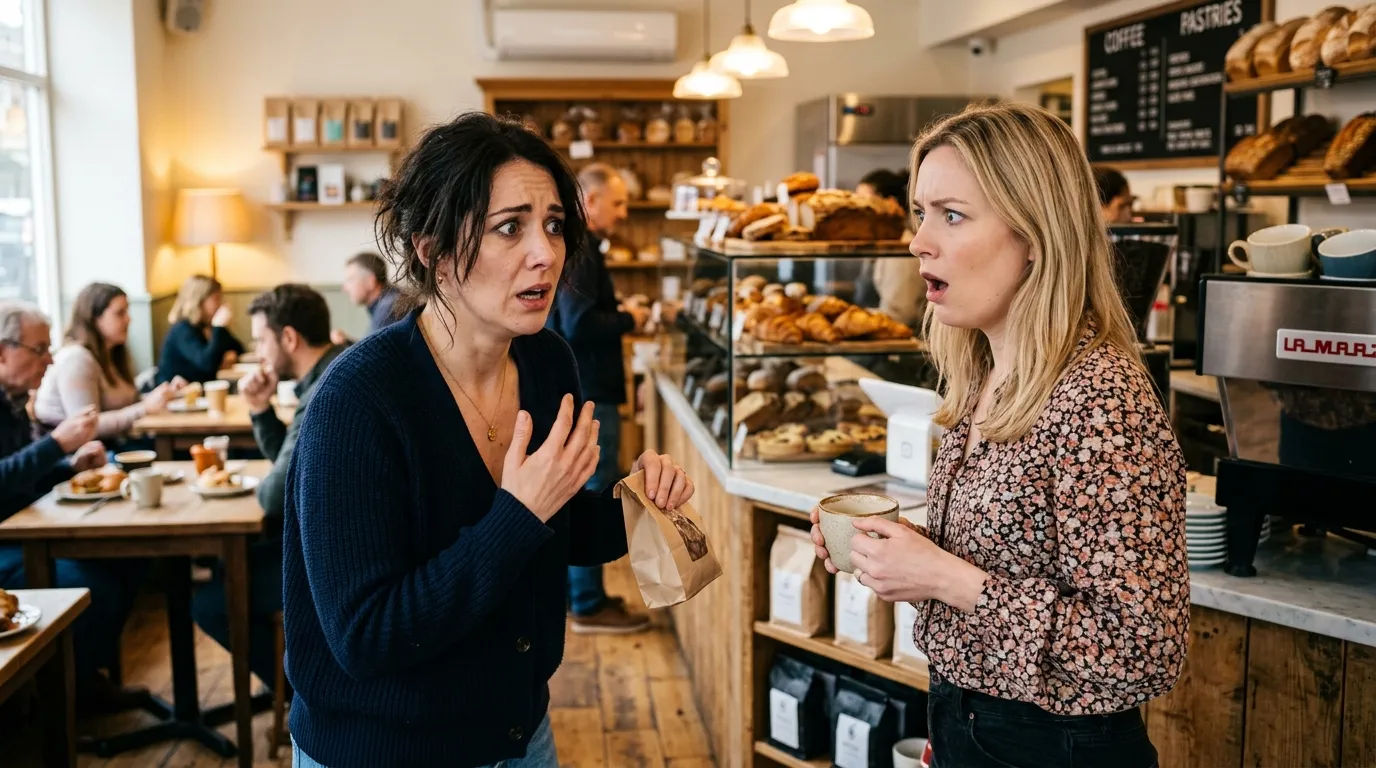 Two women standing in a bakery, one looking shocked and the other looking fearful.