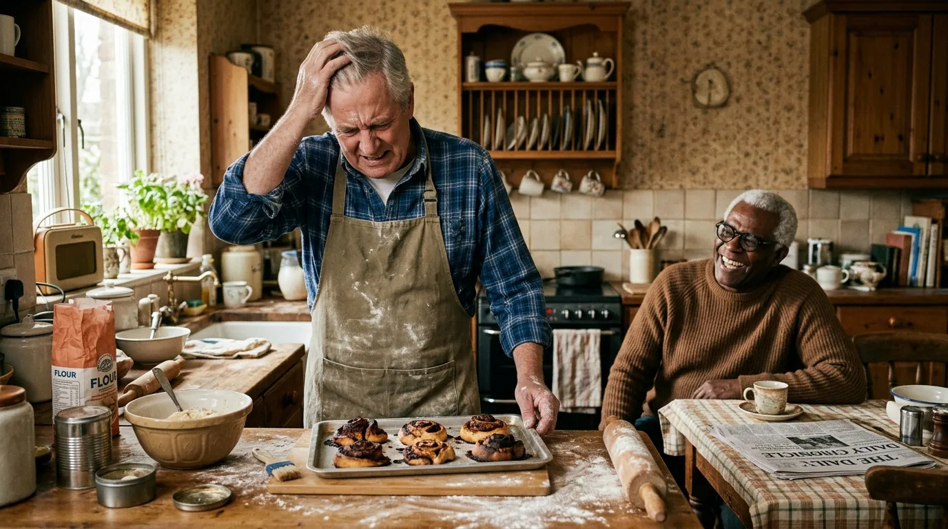 Two older men in a warm kitchen trying to bake cinnamon rolls with flour on the table