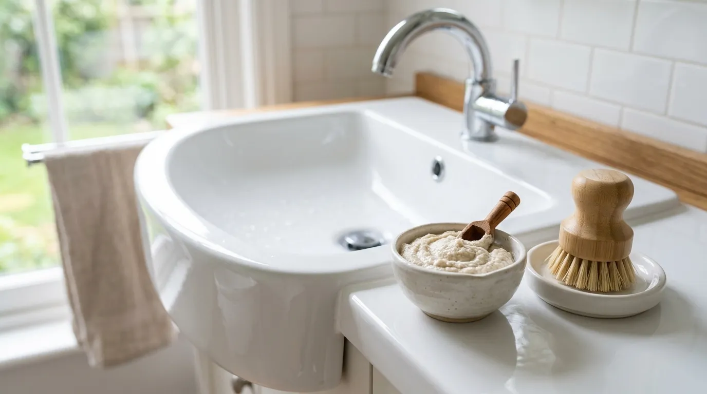 Sparkling clean porcelain sink with bamboo brush and baking soda paste