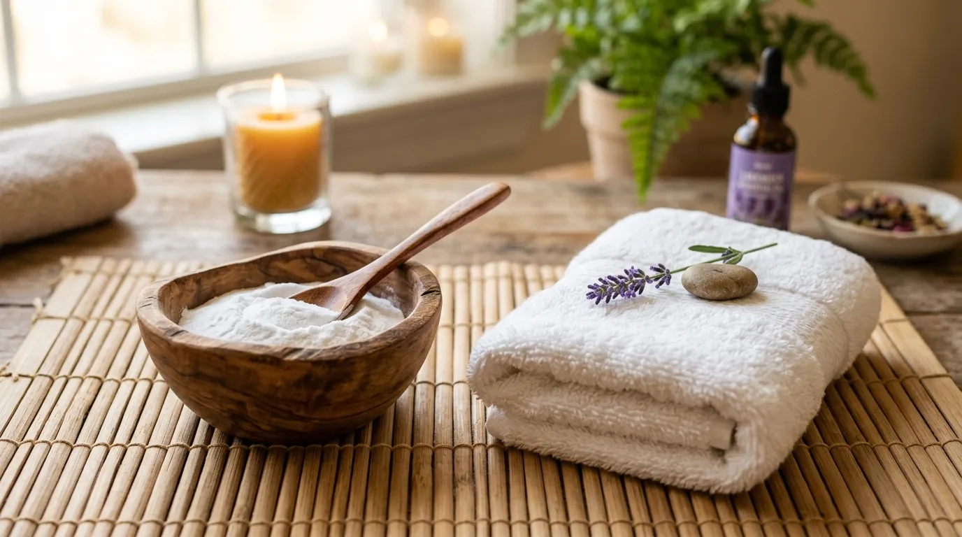 Spa setup with wooden bowl of baking soda, spoon, and white towel