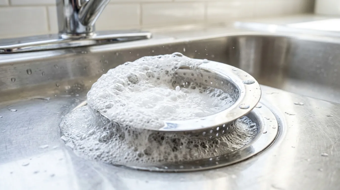 Baking soda and vinegar fizzing inside a stainless steel sink drain