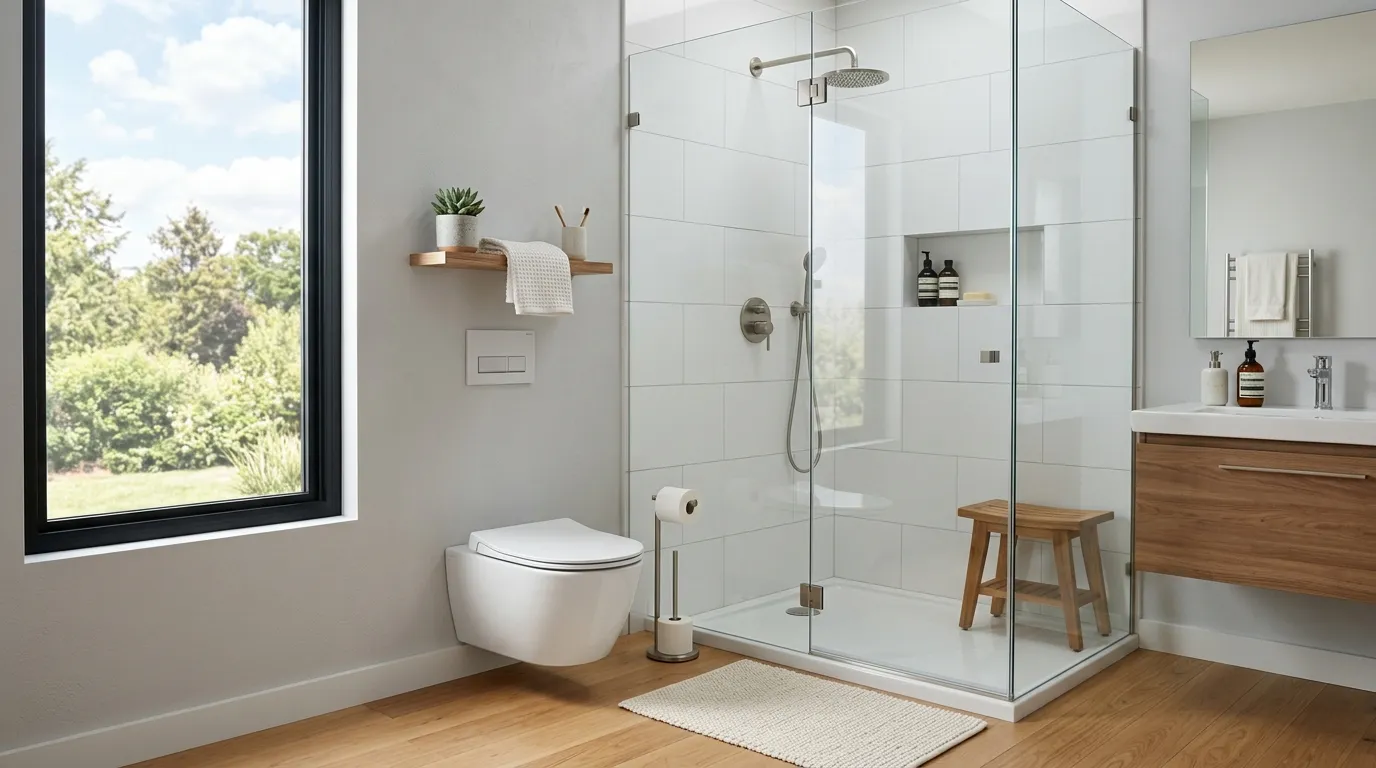Clean and modern bathroom interior featuring a separate shower and toilet area