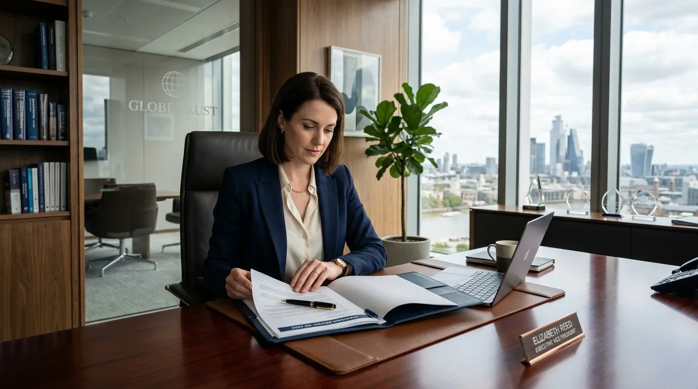 Female bank executive reviewing a folder in a corner office