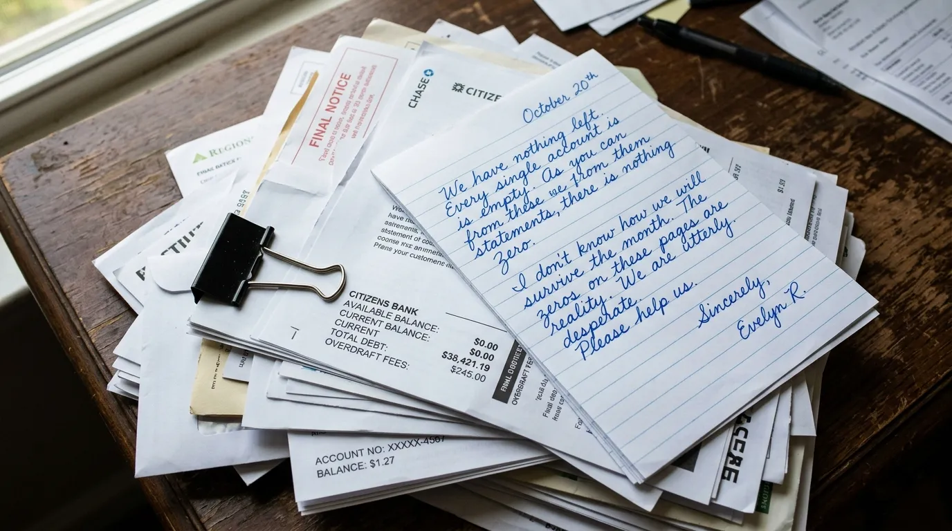 A handwritten letter resting on top of drained bank statements.