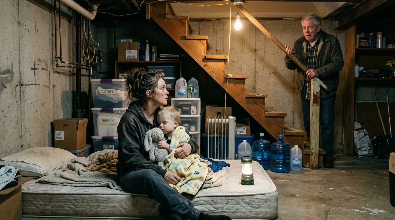 A mother holding her sick child in a makeshift basement apartment.