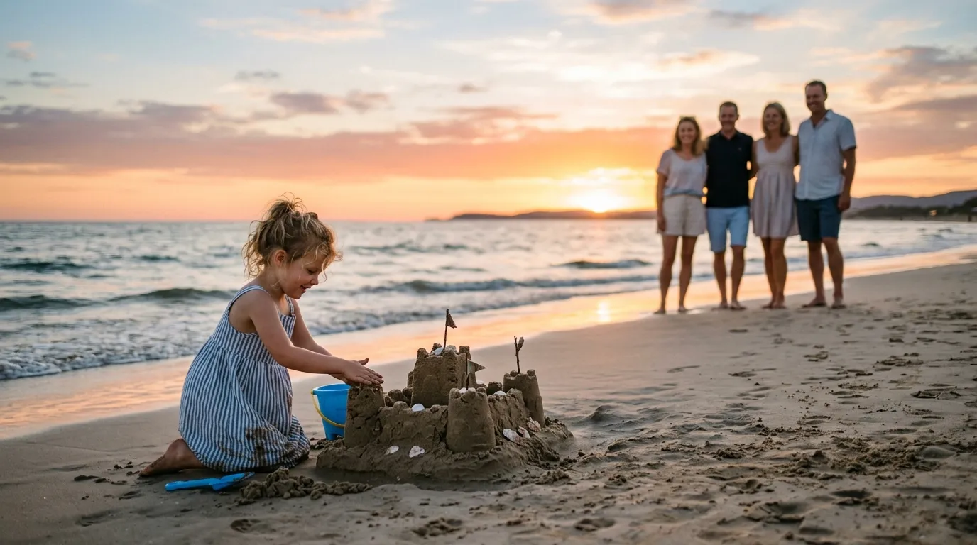 Little girl building a sandcastle on the beach at sunset while adults watch