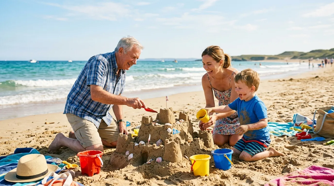 Raymond, Elena, and Leo building a sandcastle on the beach in Montauk