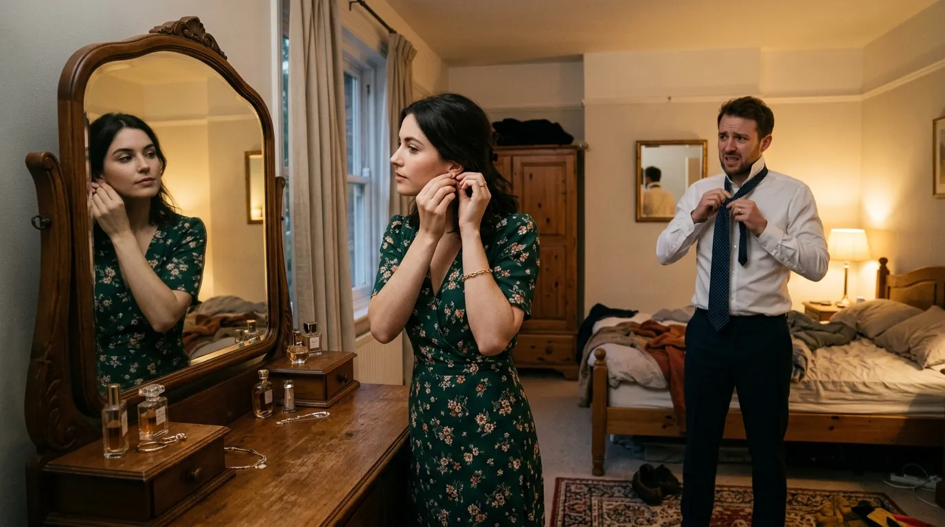 A woman putting on earrings while her husband nervously adjusts his tie in the background.